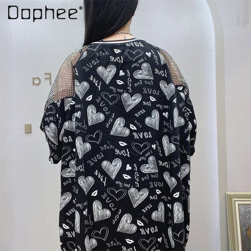 

Short Sleeve T-Shirt Women's 2-Piece Rhinestone Heart Tracksuit Summer Oversized Mesh Sleeve T-Shirt and Shorts Set