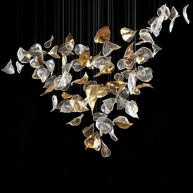 Glass Leaves Chandelier Shaking Golden Clear Glass Pendant Custom Large Luxury Lighting Fixture For Villa Staircase Hotel Lobby