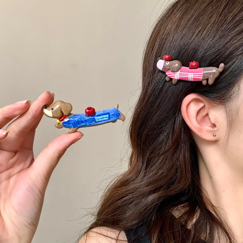 

Cute Sausage Dog Hair Side Clip Sweet Kawaii Forehead Bangs Hairpin Broken Hair One Word Clip Korean Fashion Versatile Headwear