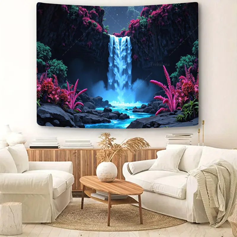 قطعة واحدة من نسيج الحائط "نسيج الشلال المسحور - مشهد الزهور النابضة بالحياة والسماء الليلية" #5