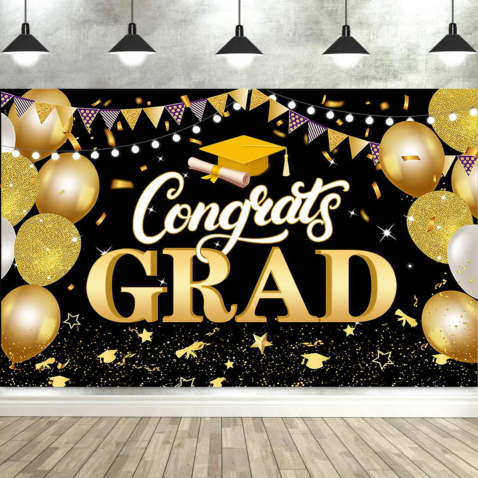 

Gold and Black Graduation Decorations Banner Backdrop Party Supplies Photography Background Photo Studio Props Tablecloth