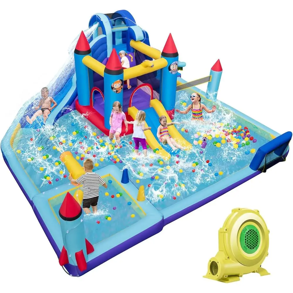 Nadmuchiwana zjeżdżalnia wodna, gigantyczny park wodny z zamkiem dmuchanym z podwójnymi zjeżdżalniami, basenem do zabawy, siatkówką i bramką do piłki nożnej, Blow U