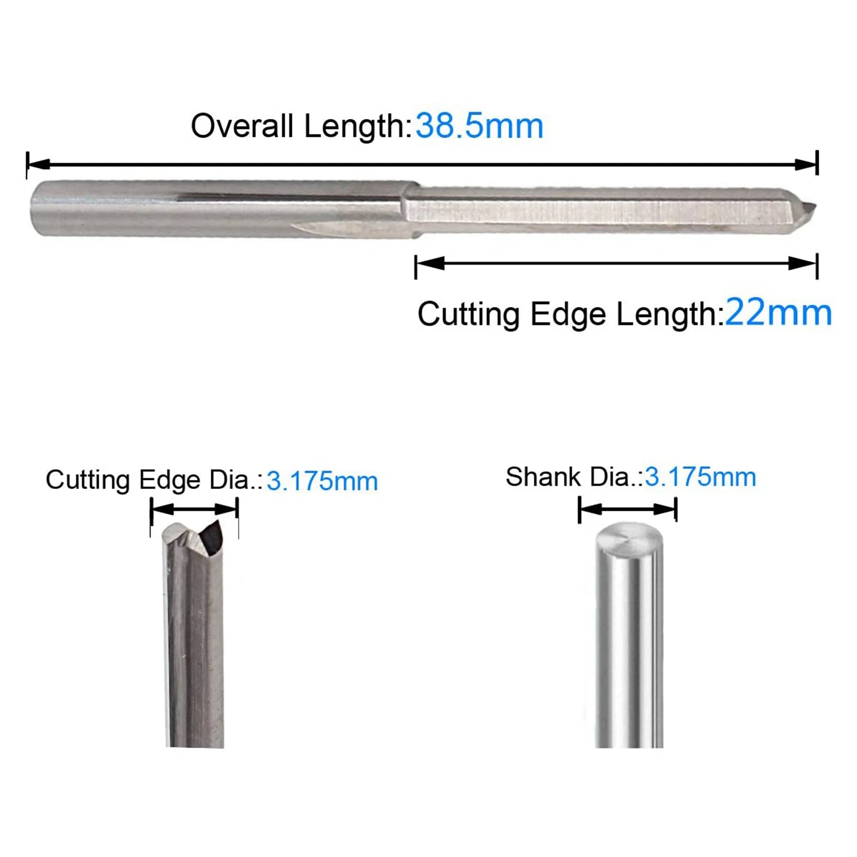 YWDZ-20PCS 3.175Mm Shank Dia. Edged  Steel Milling Cutter 2 Flutes CNC Cutting Straight Slot Bit, Flute Length 22Mm