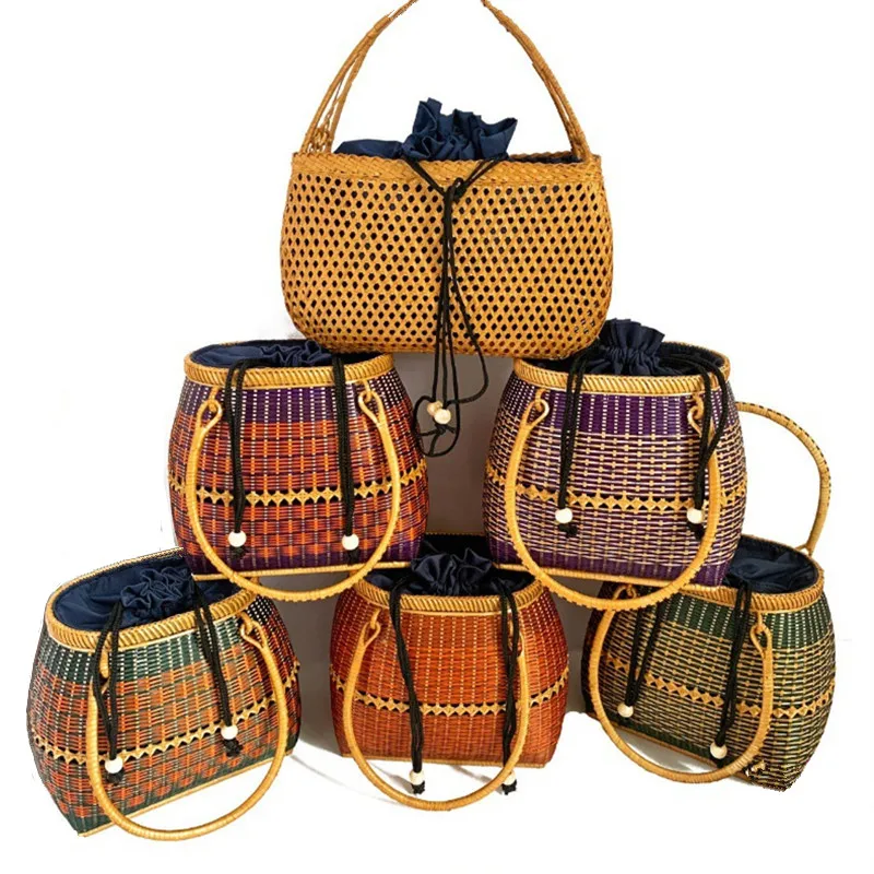

2025 Fashion Designer Pure Handmade Basket Bag Women Casual Rattan Woven Handbag Travel Holiday Bamboo Storage Box Beach Bag