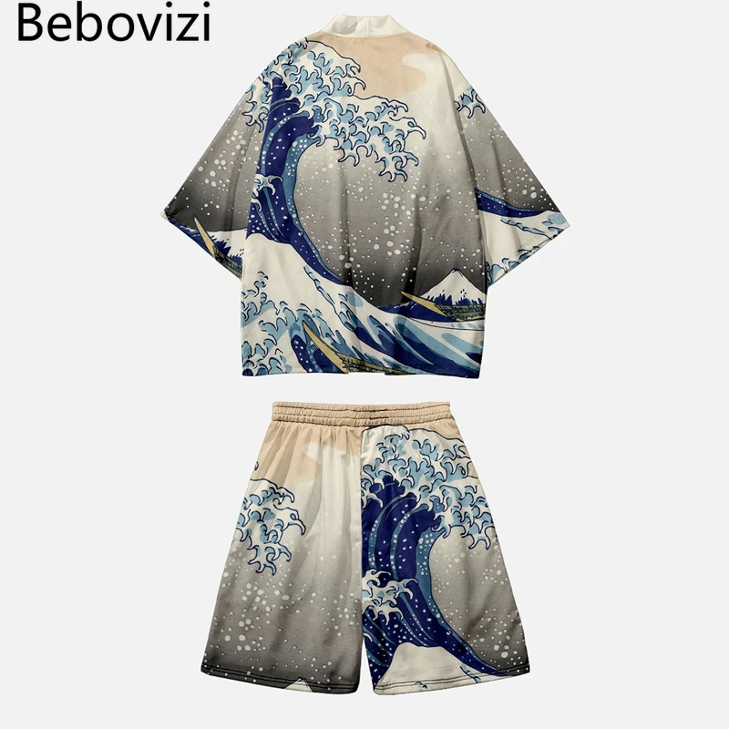 Japanese Cardigan Harajuku Traditional Ukiyo-e Waves Print Two-piece Suit Women Kimono Shorts Men Cosplay Haori Clothing 5XL 6XL