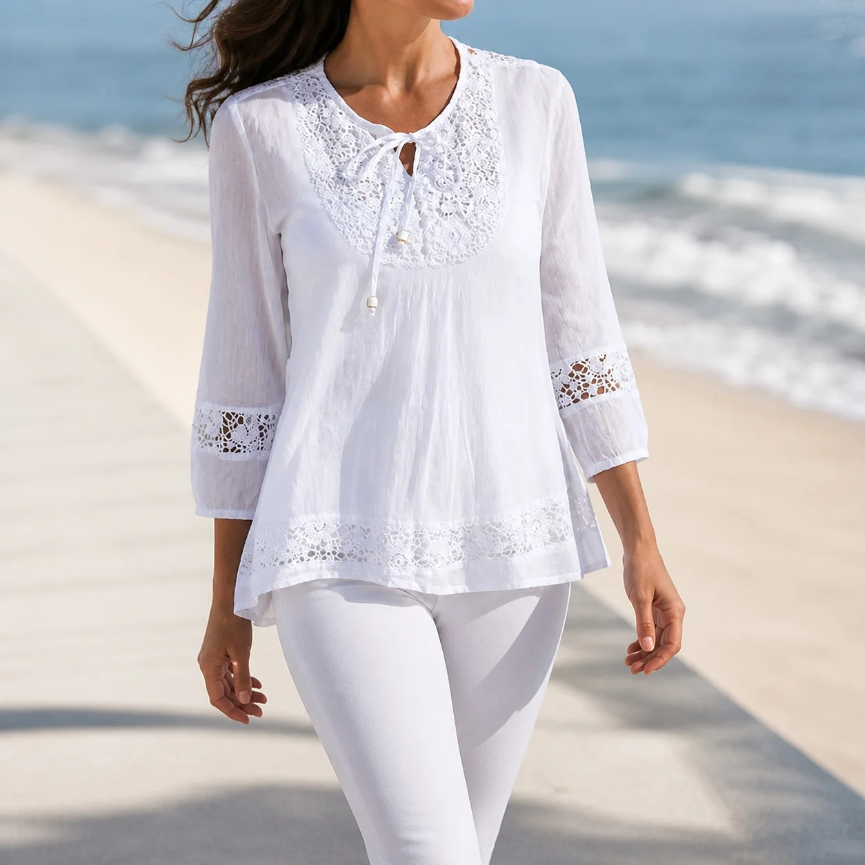 Women's British Style Loose Fit Long Sleeve Cotton Linen Blouse Round Neck Mid Length Pullover Solid Color Elegant Patchwork