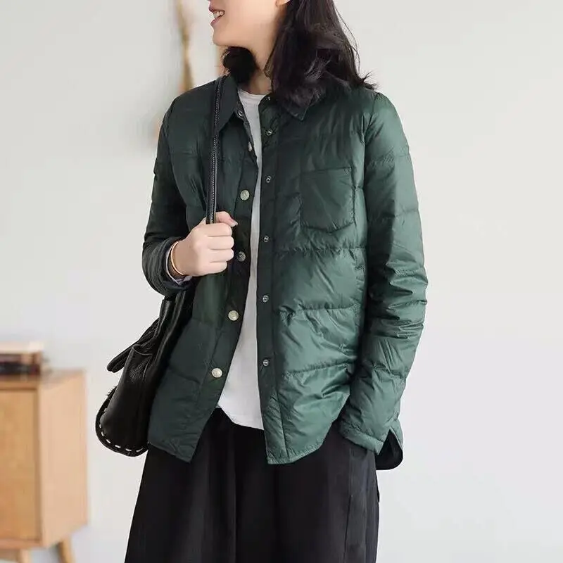 Lightweight Padded Cotton Jacket Women's Casual Warm Coat Loose Fit Winter Outerwear Button Detail Long Sleeve Neck