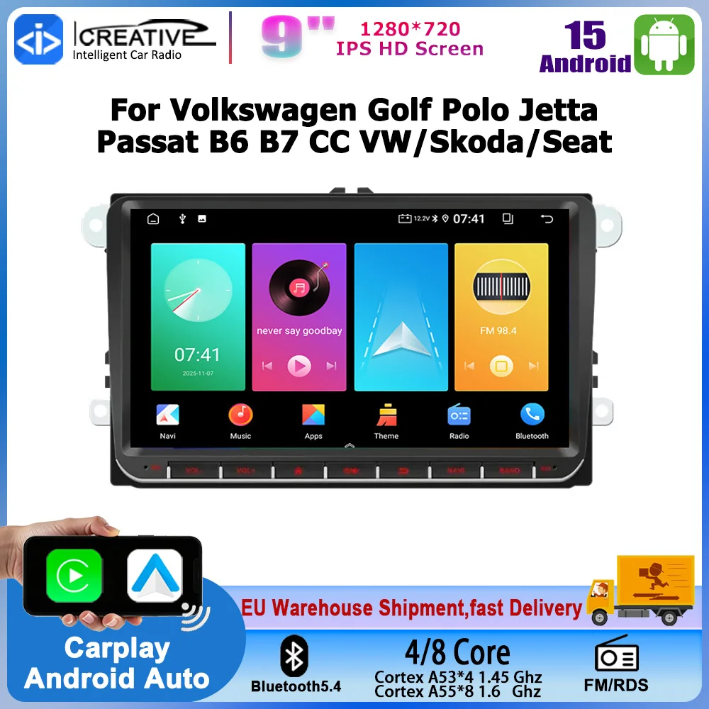 Image of Android 15 Autoradio Kabelloses CarPlay Android Auto Multimedia-Video-Audio-Player für VW/Volkswagen Passat Golf MK5 MK6 Jetta EOS POLO Touran Seat Sharan Intelligente Navigation Stereo-Haupteinheit