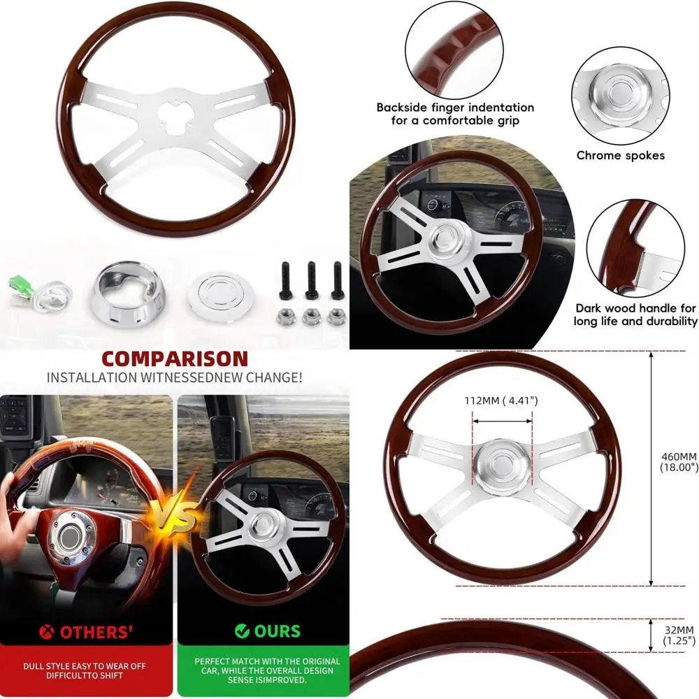 

18-дюймовый деревянный руль для грузовика, классический деревянный руль с 4 спицами для Kenworth, Peterbilt, Volvo, Freightliner (стиль A)