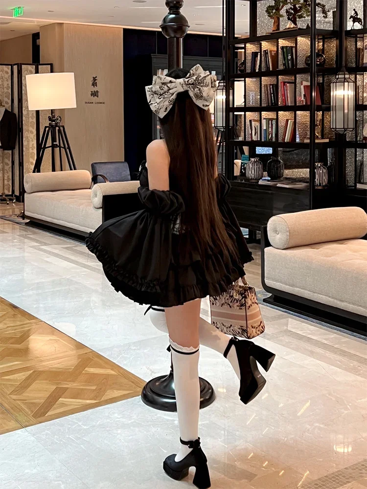 French Celebrity Style Lolita Long Neck Dress Summer Elegant Slim Bow Long Sleeve Strapless Mini Dress Birthday Dress for Women