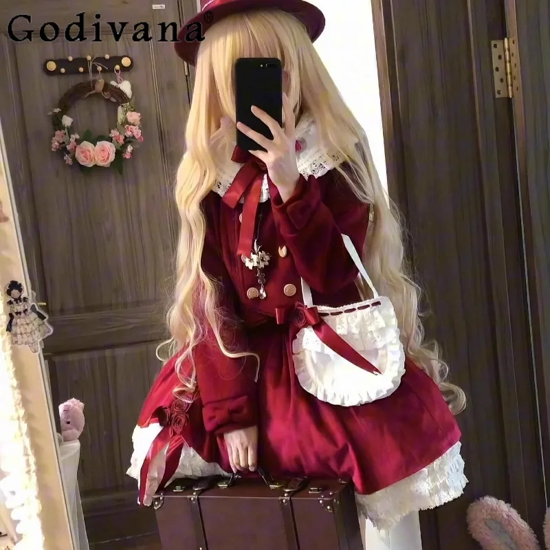 

Autumn Winter Woolen Short Coat Women's Japanese Style Sweet Lace Puffy Skirt Two Piece Set Female Winter Lolita Wool Coat