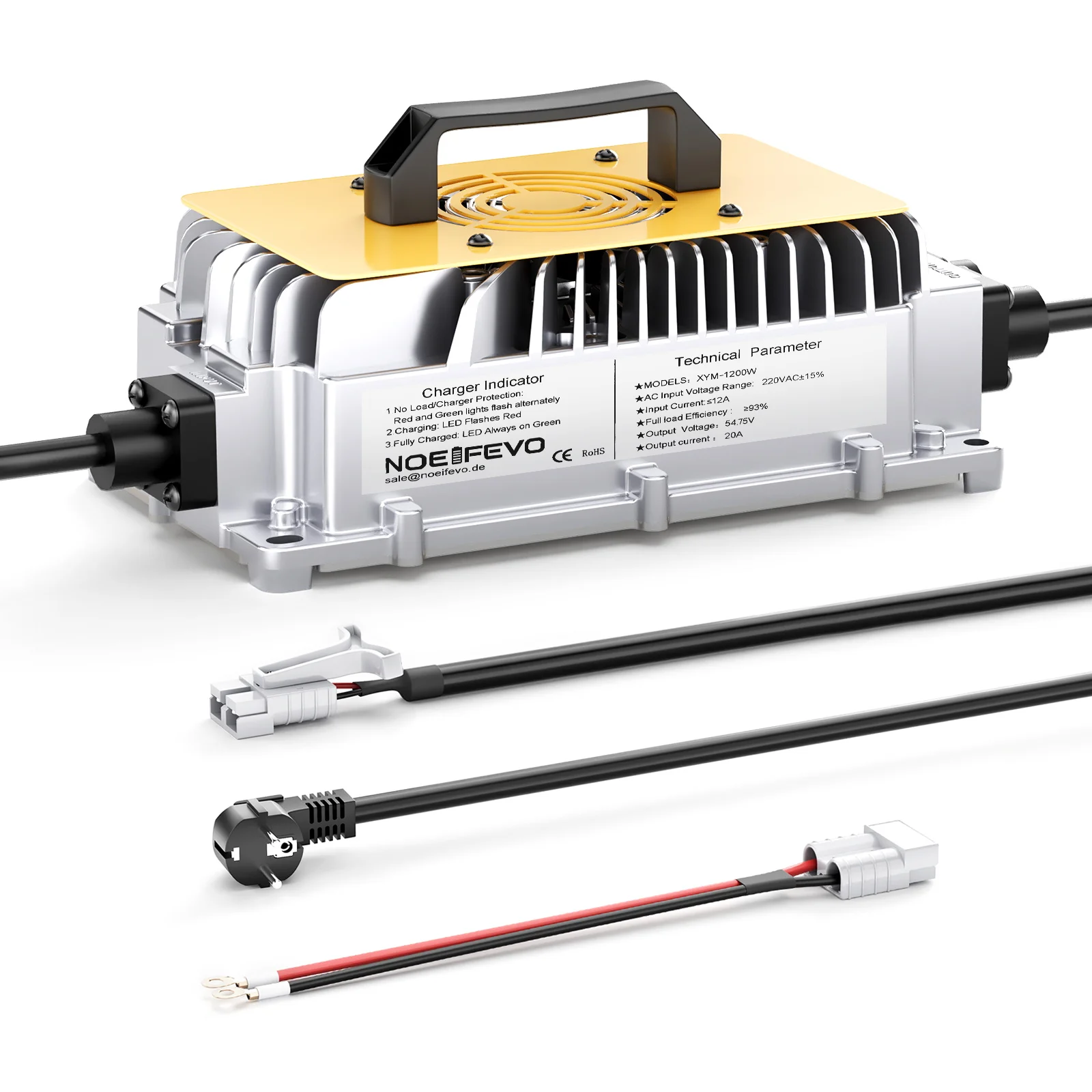 NOEIFEVO 54.75V 30A 20A LiFePO4-batterijlader voor 48V 15S lithiumbatterij, waterdicht, 0V BMS-activering, automatische uitschakeling