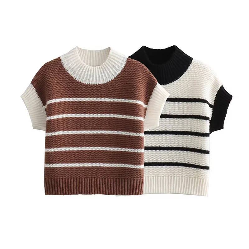 

New Autumn Women O Neck Short Sleeve Striped Knit Vest Chic Pullover Tops