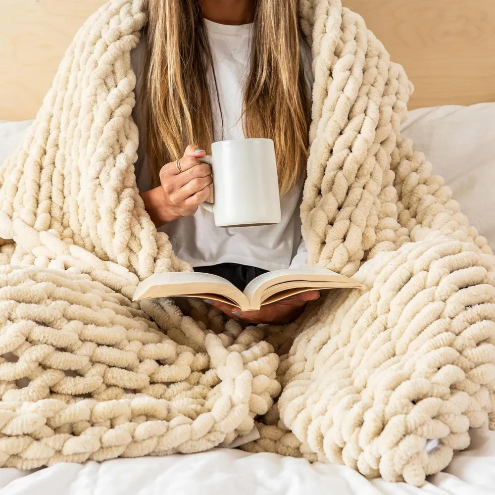 

Large Cream Chunky Knit Blanket, 50x70 Inches, for Living Room and Boho Style Decor, Thick Chenille Throw