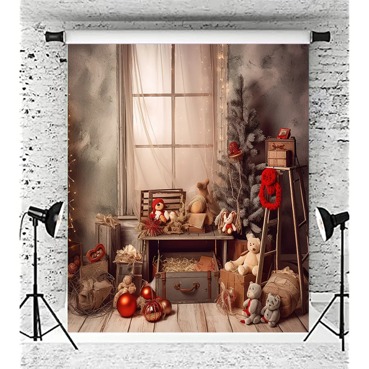 빈티지 크리스마스 날 사진 배경 소품 벽난로, 겨울 크리스마스 트리 장식, 꽃 화환 나무 문짝 배경 JL-05