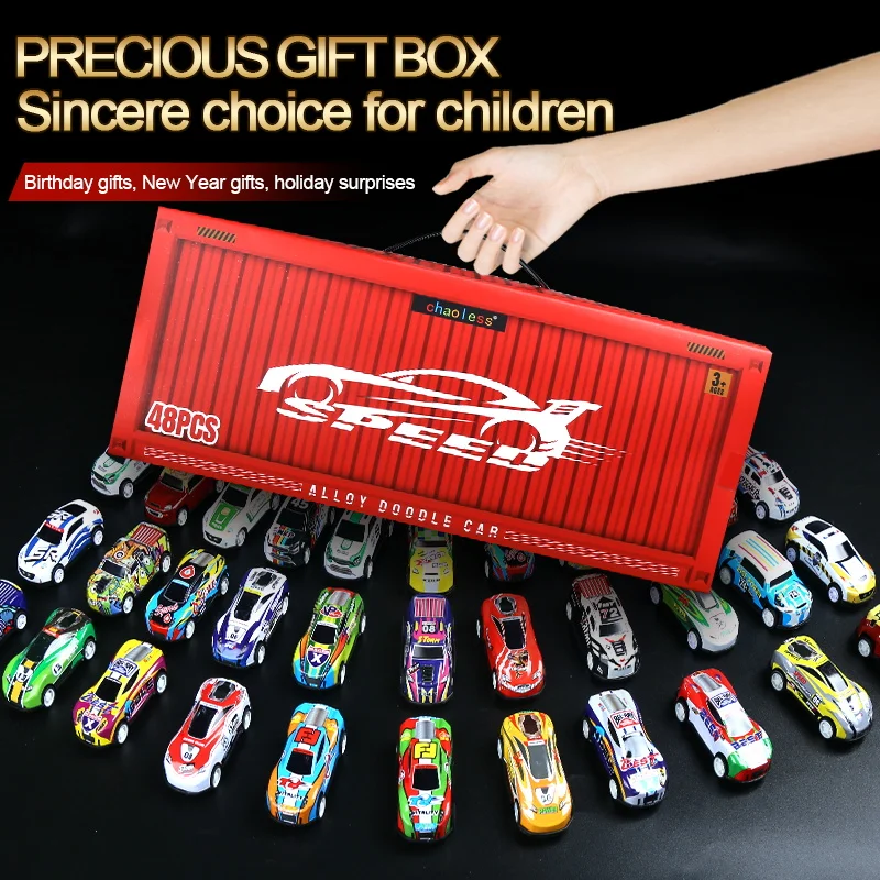 48개 금속 철 합금 자동차 트럭 장난감 기차 트랙 세트 슬롯카 모델 어린이 장난감 소년 미니어처 트롤리 크리스마스 선물