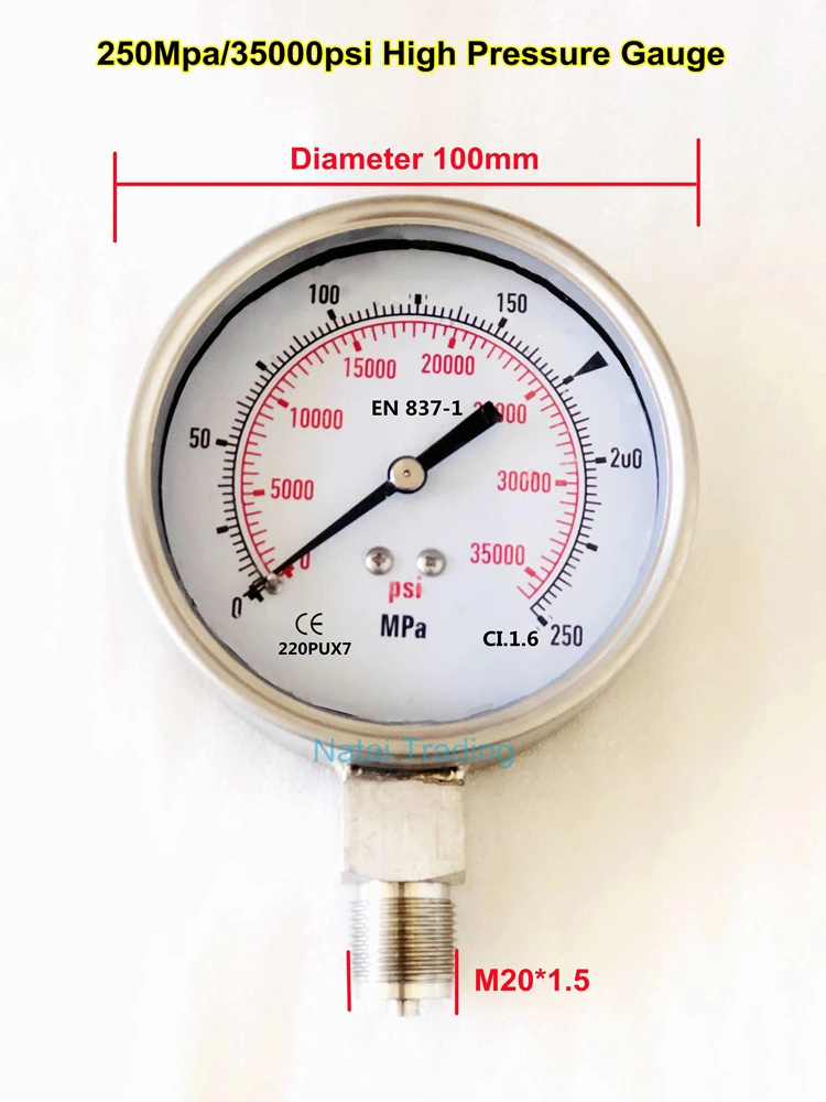 Manometro ad alta pressione 250Mpa antiurto da 100mm in acciaio inossidabile con direzione radiale 35000psi M20X1.5