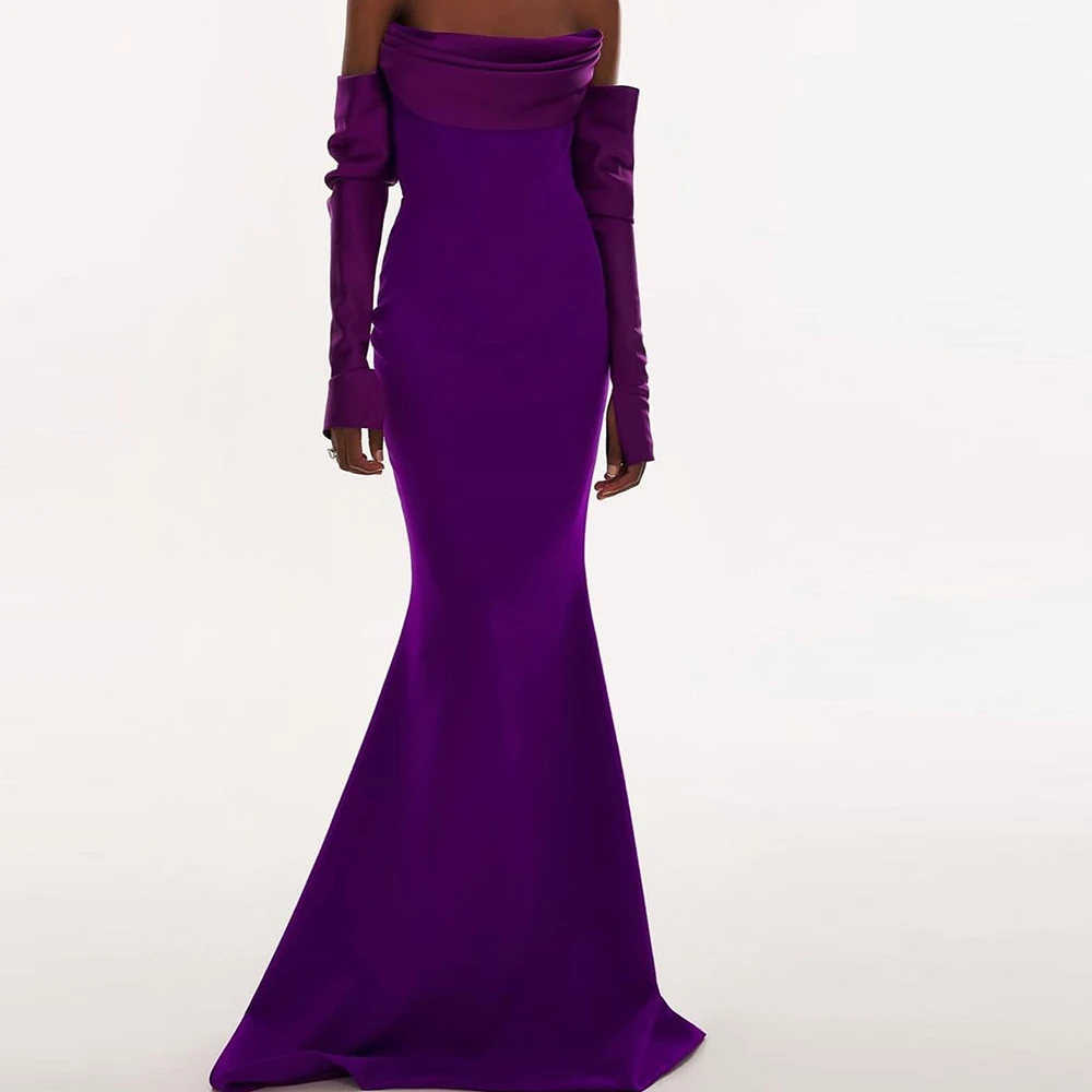 

Off the Shoulder Mermaid Jersey 3/4 Sleeves Floor Length Pleats Sweep Train Solid Purple Dresses For Formal Occasions Simple