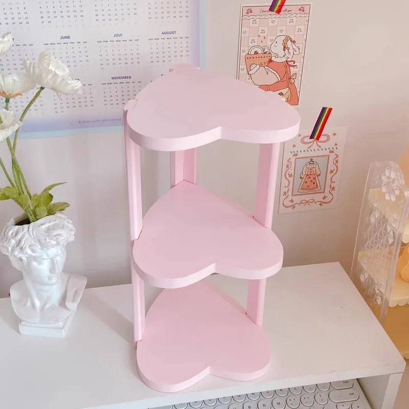 oo-Pink Girl Heart Ins Storage Rack Wooden Heart-shaped Desktop Cosmetics Storage Small Fresh Hand Display Bedroom Decoration