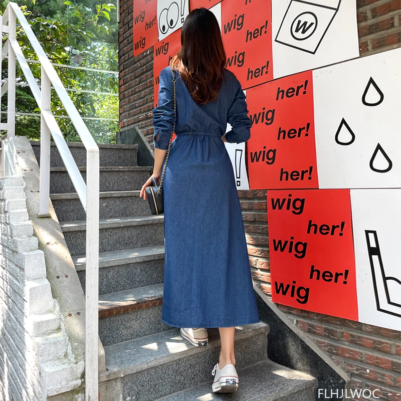 Denim Dresses New Autumn Woman Casual Cute Korea Chic Style Girls Retro Vintage Cotton Jeans Blue Button Long Maxi Shirt Dress