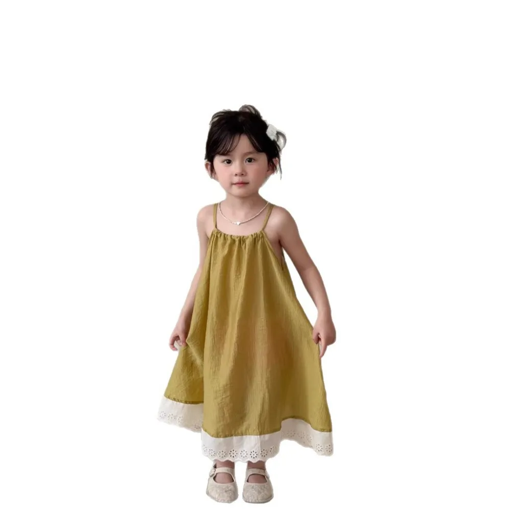 New Arrival Summer Baby Girls Backless Dress, Korean Style Lace Spaghetti Strap Dress for Kids for 90-140cm