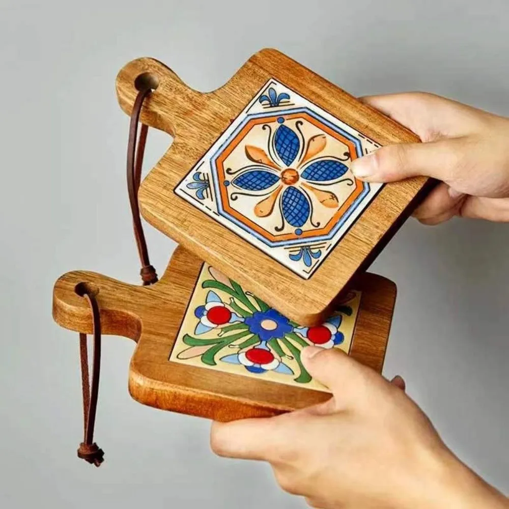Japanese Style Heat Resistant Solid Wood Coaster Retro Square Wood Ceramic Tile Floral Protective Casserole Mat Dining Table