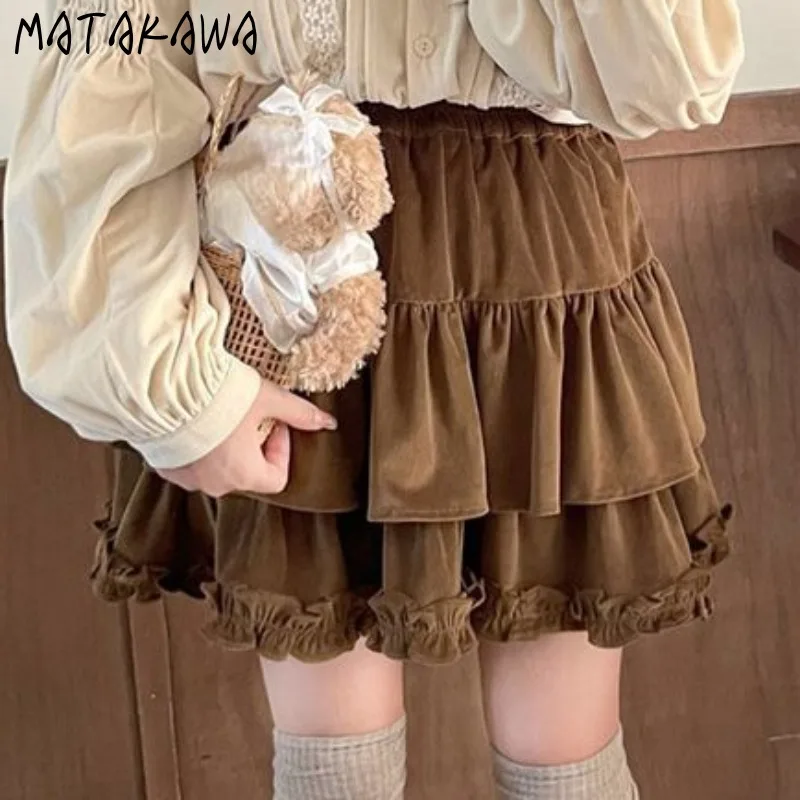 Matakawa Velvet Mini Skirt Ruffles Solid Autumn Winter Japanese Style Sweet Faldas Mujer Fashion Vintage A-line Women Skirts