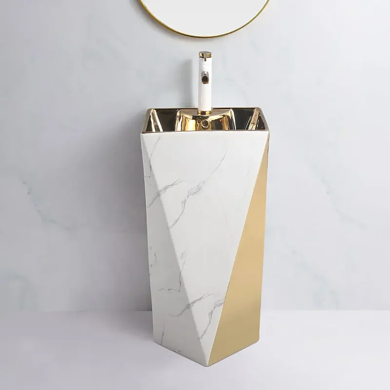 z Diamond White Gold Basin Electroplated Gold Pedestal Art Basin Luxury Freestanding Sink Bathroom Lavabo Columna