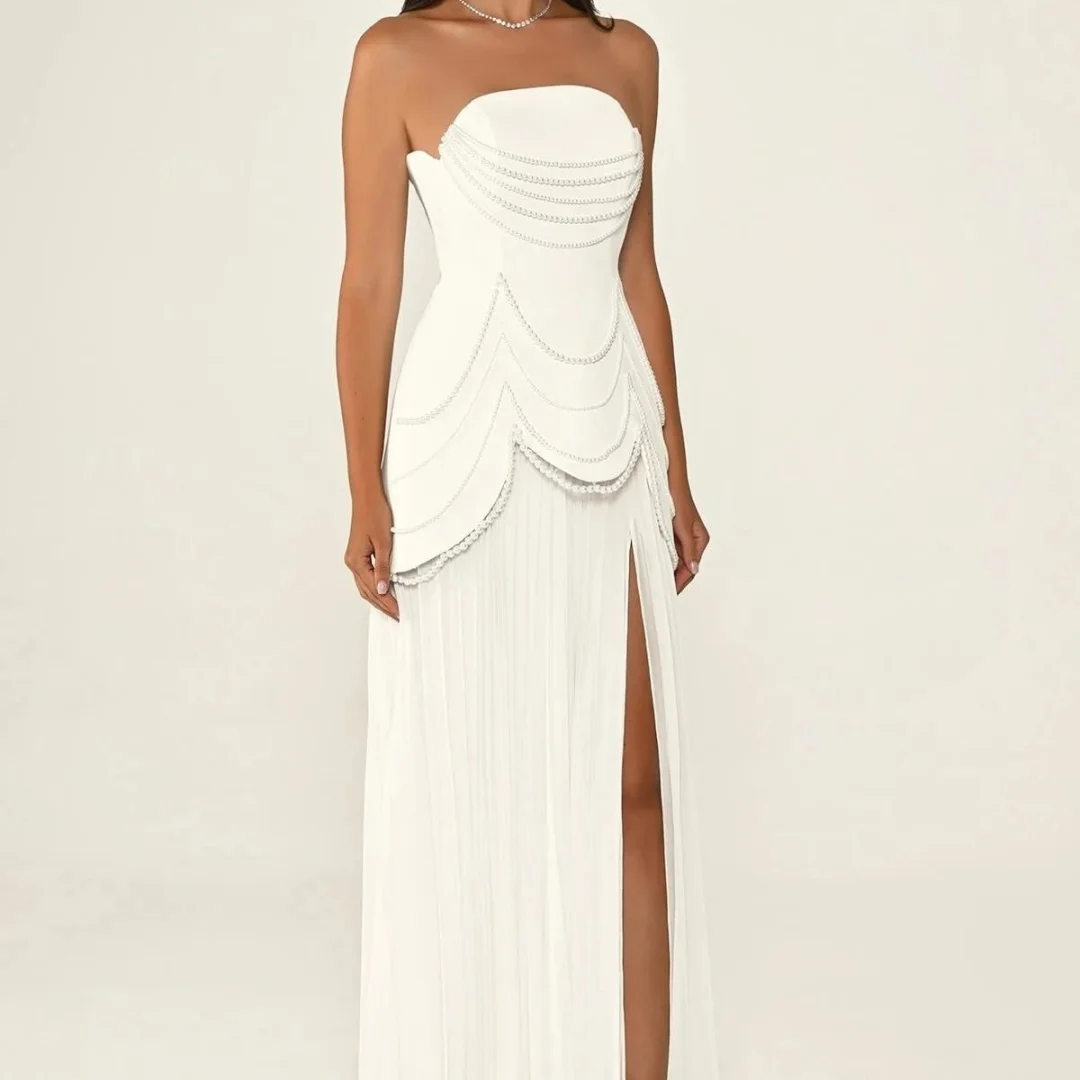 밀라 스트랩리스 진주 장식 플리츠 하이 슬릿 맞춤형 정장 이브닝 드레스 롱 드레스 우아한 프롬 드레스
