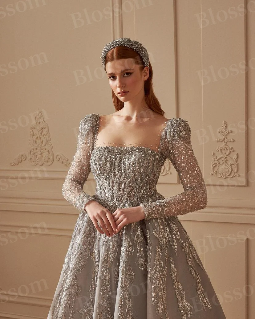 Grey Sequins Beaded Luxury Evening Dresses For Prom 2024 Long Sleeves A-line Formal Wedding Party Gown Bridal Engagement dress