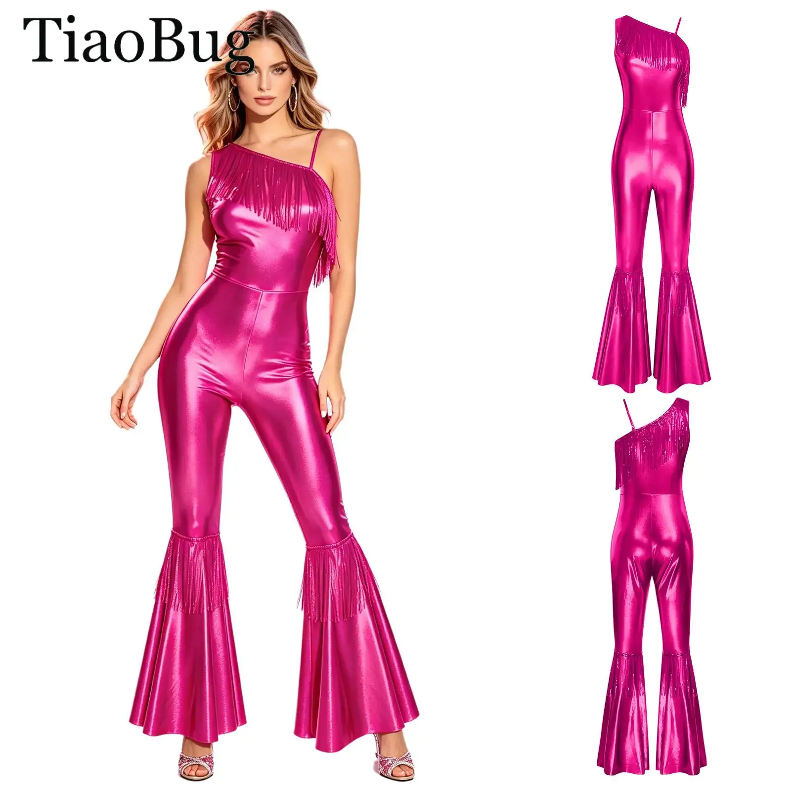Women Metallic Jazz Dance Flared Jumpsuit Sequins Tassels One Shoulder Hippie Bell Bottom Bodysuit Shiny 70s Party Disco Rompers