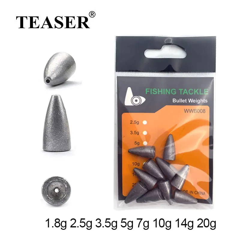 

TEASER A017 10pc 1.8g-20g Bullet Jig Head Quality Bullet Drop Water Sinkers Swivels Fishing Weight Fishing Accessories Texas Rig