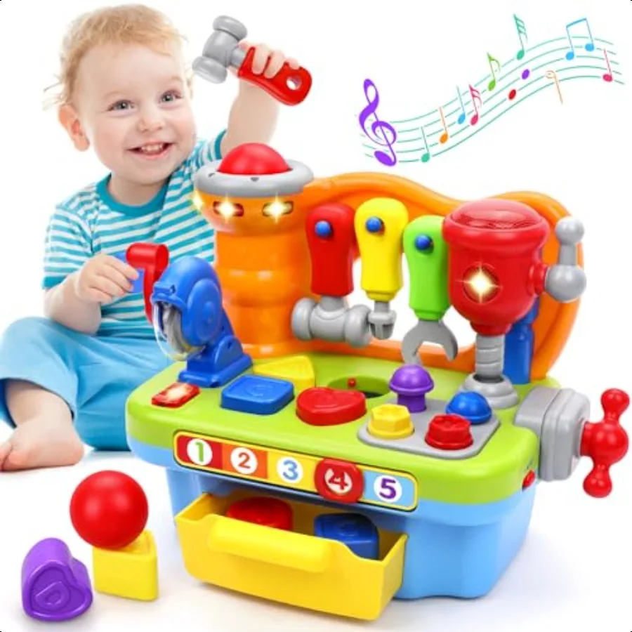 

Toys for 1 Year Old Boy Musical Toddler Tool Bench Montori Educational Toys with Sound Lights Effect Shape Sorter One Year Old
