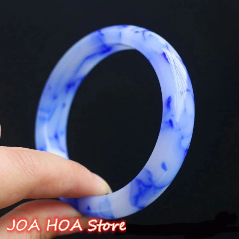 Natural Hetian Blue White Porcelain Ladies Floating Flower Jewelry Jade Bracelet Party Gift Bangle