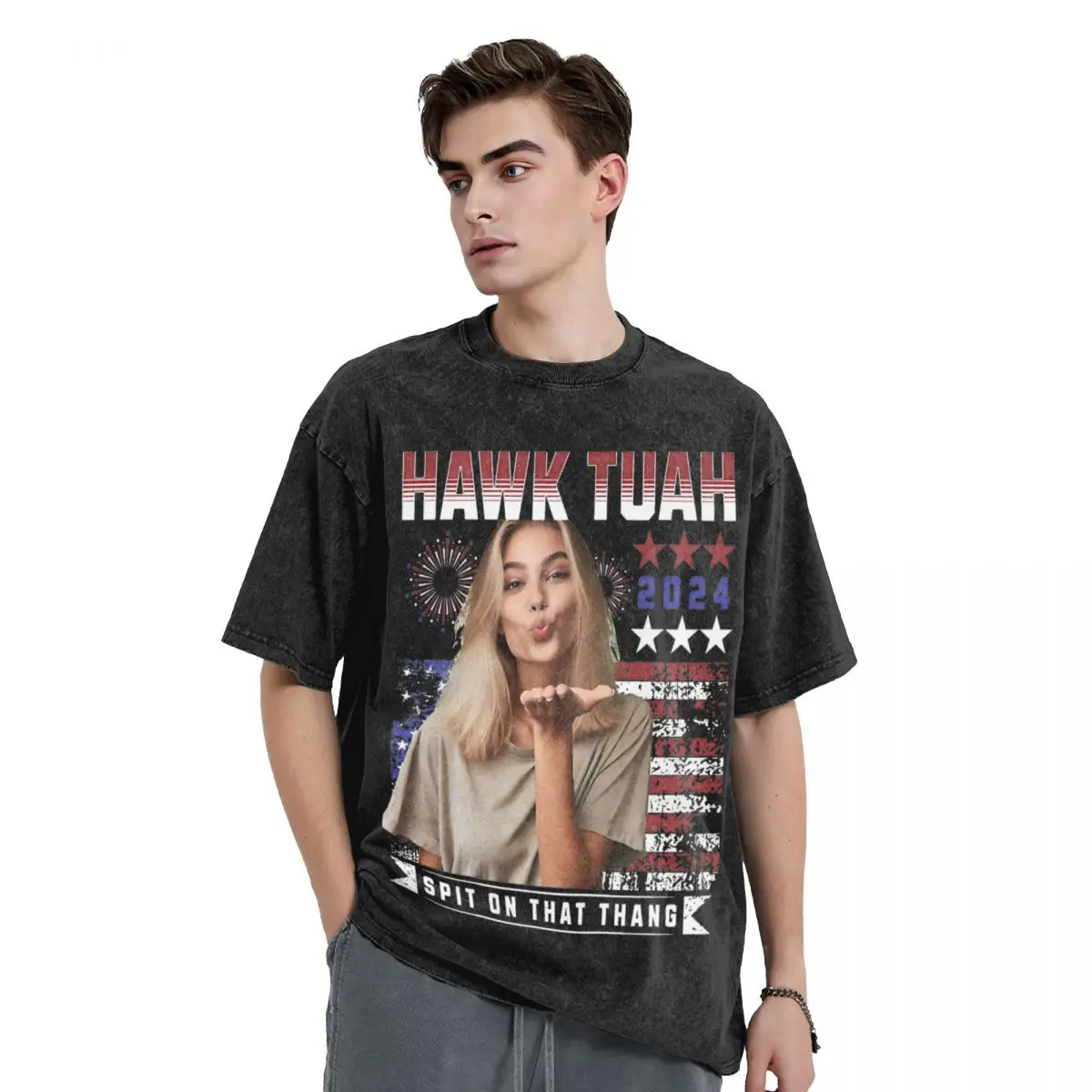 Hawk Tuah 24 Spit On That Thang T Shirt Hip Hop Washed Oversize T-Shirts Vintage for Men Women Tops Streetwear Printed Tees