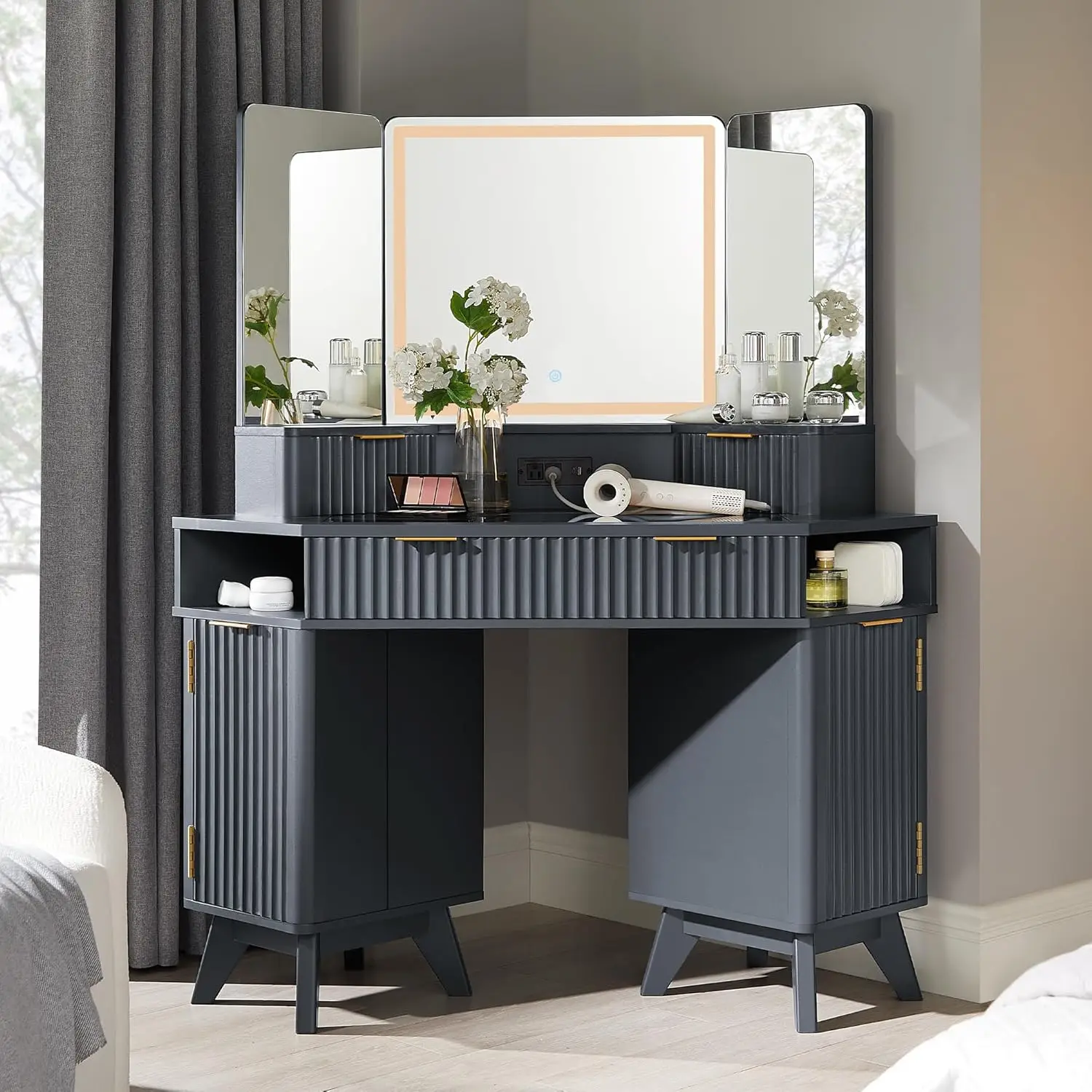 Fluted Makeup Vanity Desk with 3 Way Mirror and Lights, 48