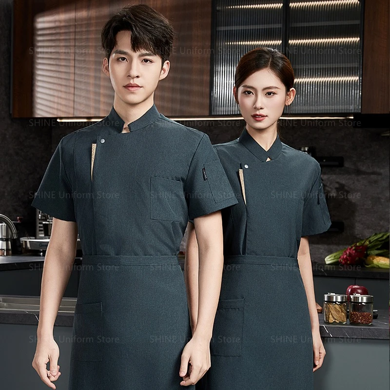 Restaurant Breathable Chef coat black Chef uniform apron Chef shorts Summer Men Kitchen short sleeve Jacket work clothes logo