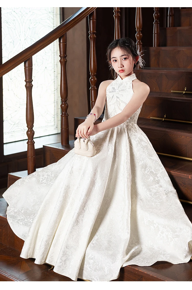 Girls' neck-up three-dimensional jacquard fabric evening dress, graduation dress, princess dress, communion dress/Customized