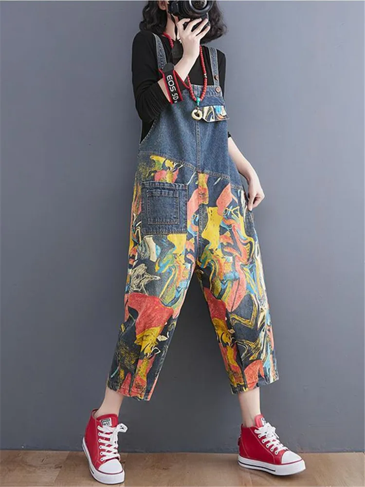 Vintage Patchwork Printing Denim Jumpsuit Women Casual Loose Wide Leg Dungarees Baggy Pants Rompers Spring Summer Jeans Overalls