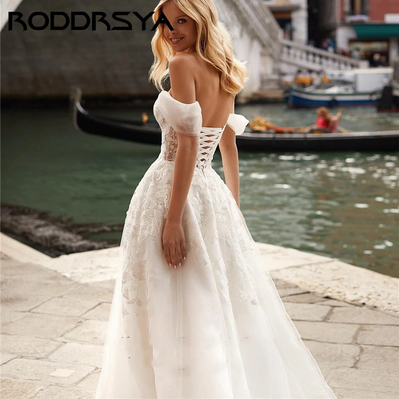 RODDRSYA romantico Tulle Applique a-line abito da sposa Sexy senza spalline con spalle scoperte festa della sposa semplice Lace Up Back Trouwjurkromantico Tulle Applique a-line abito da sposa Sexy senza spalline con sp