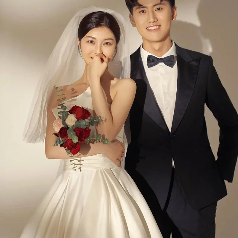 Vestido blanco de lujo de satén sin mangas, vestidos de novia para mujer, decoración de lazo, vestido de fiesta de cumpleaños, sesión de fotos de boda personalizada