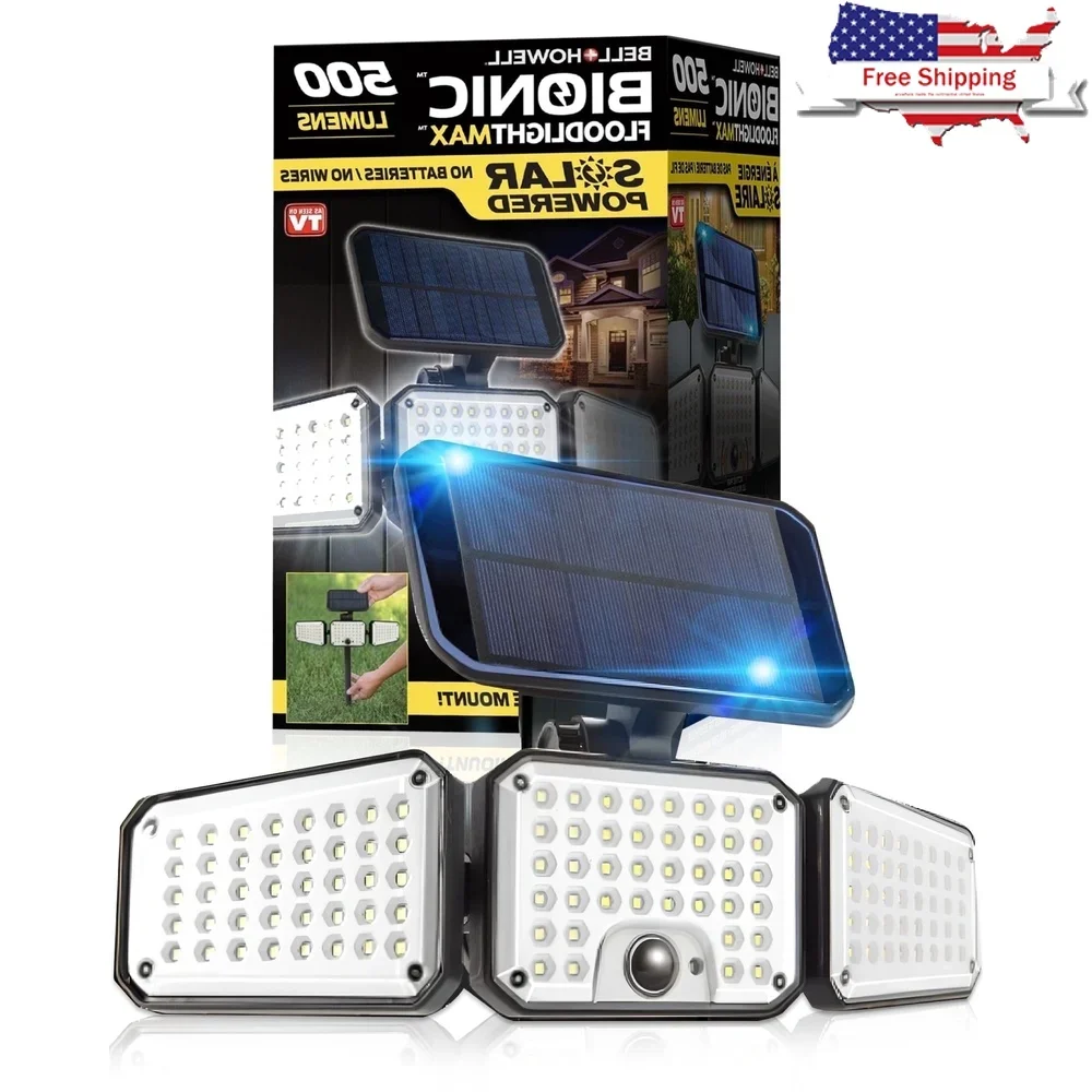 

Solar Powered Motion Sensor Outdoor Light 3 Head LED Floodlight Waterproof Security Lighting 500 Lumens Yard Patio Garden