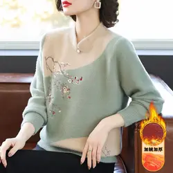 Women Autumn Winter Temperament Embroidered Half Open Collar Long Sleeve Fleece Bottoming Shirt Ladies Elegant All-match Tops