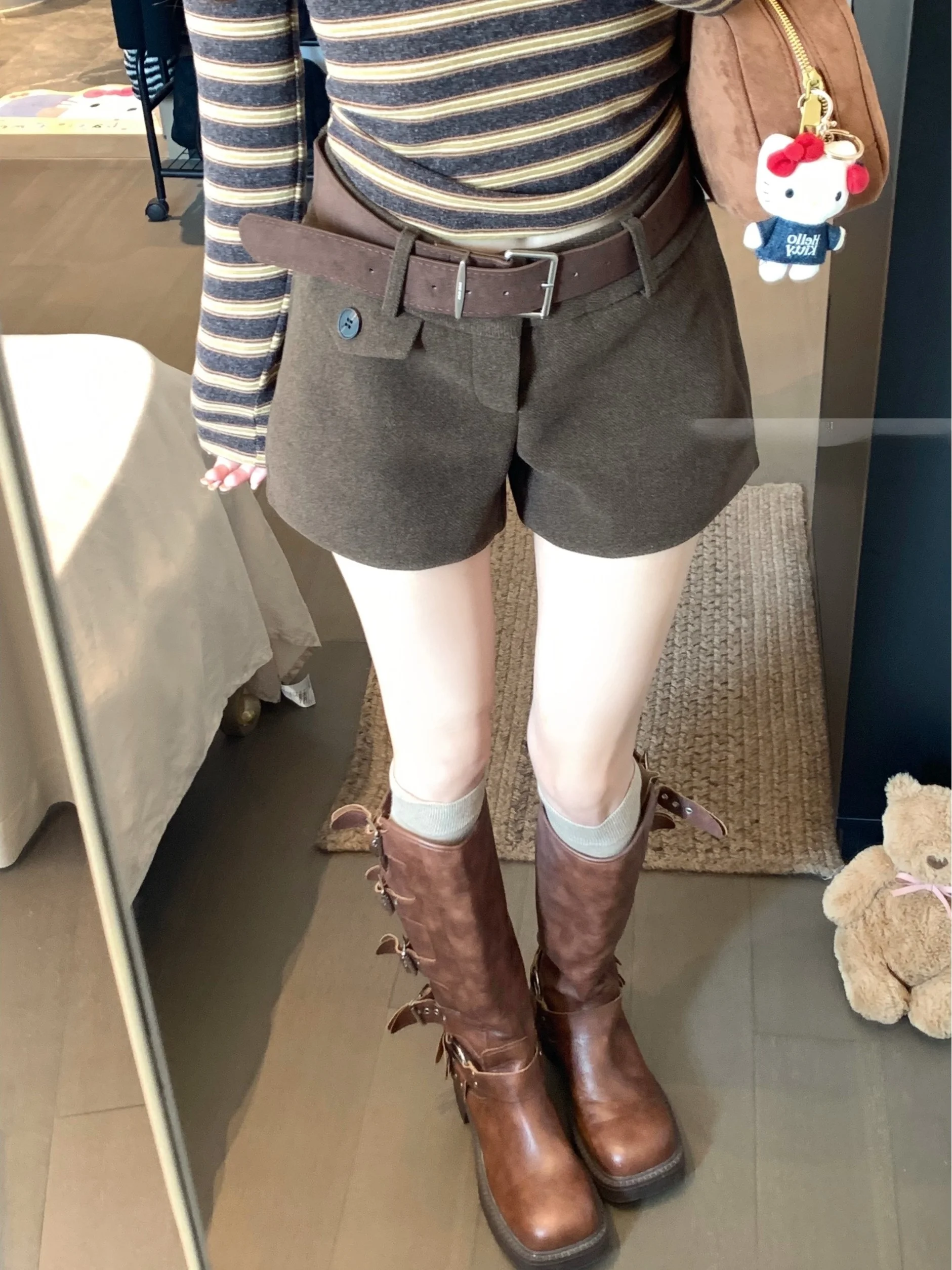 

Корейские брюки с высокой талией и широкими штанинами, женские повседневные брюки, новые весенние свободные шерстяные шорты для похудения, модные для работы и повседневной носки