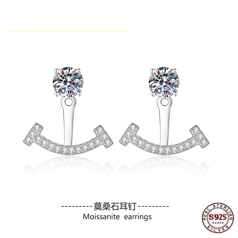 

S925 Sterling Silver Moissanite Sparkling Advanced Light Luxury Cartilage Stud Earrings, Fashion Smiling Face Stud Earrings for