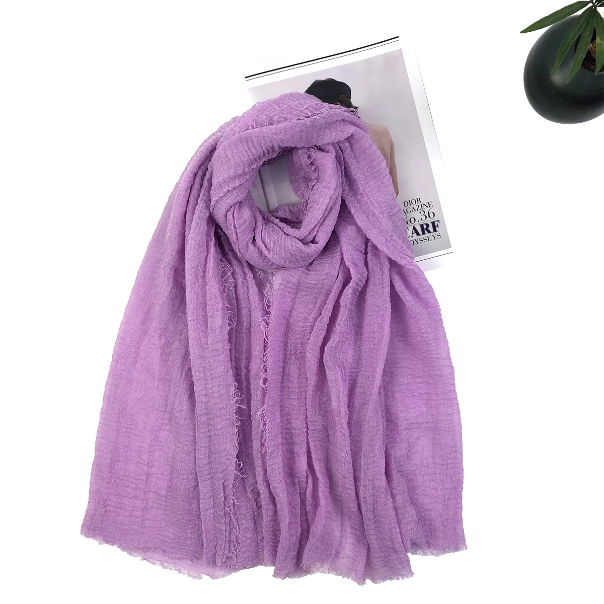 A fluorescent solid cotton linen wrinkled scarf, thin women\'s shawl scarf