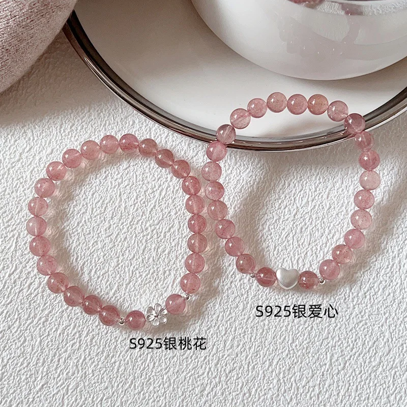 

Натуральная клубника для женщин S Серебряное сердце Цветок персика Розовый кристалл Браслет HandString