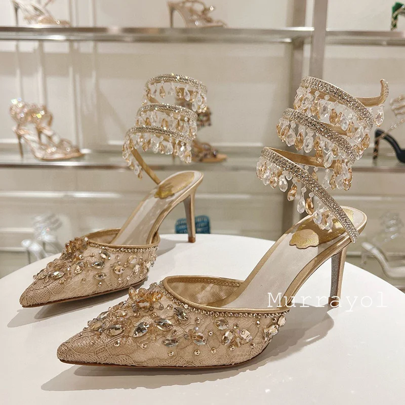 Rhinestone Decor Thin High Heels Sandalias Women Lace Gauze Snake Shaped Elastic Strap Sandals Summer Sexy Party Dress Shoes