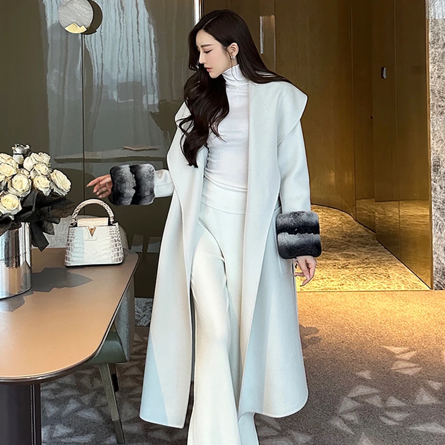 Cashmere Coat For Women Real Rex Rabbit Fur Cuffs Coat Hot Selling Style White Long Coats Luxury Wool Jacket