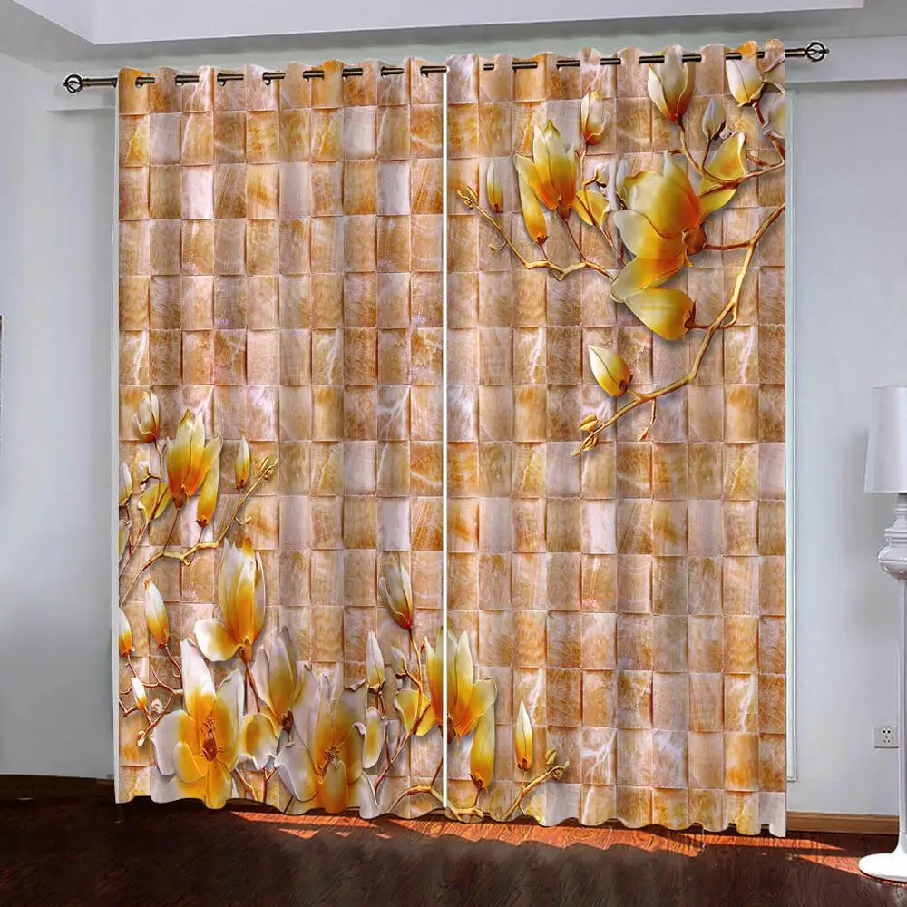 custom curtains Yellow marble effect magnolia flower Luxury Blackout 3D Window Curtain For Living Room